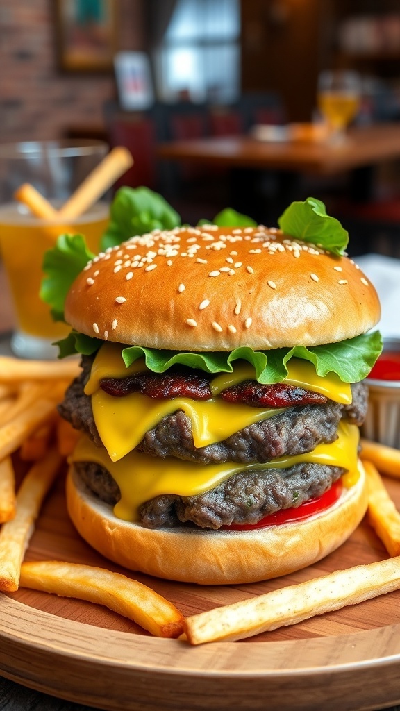 A classic hamburger with beef patty, cheese, lettuce, and tomato on a toasted bun, served with fries.